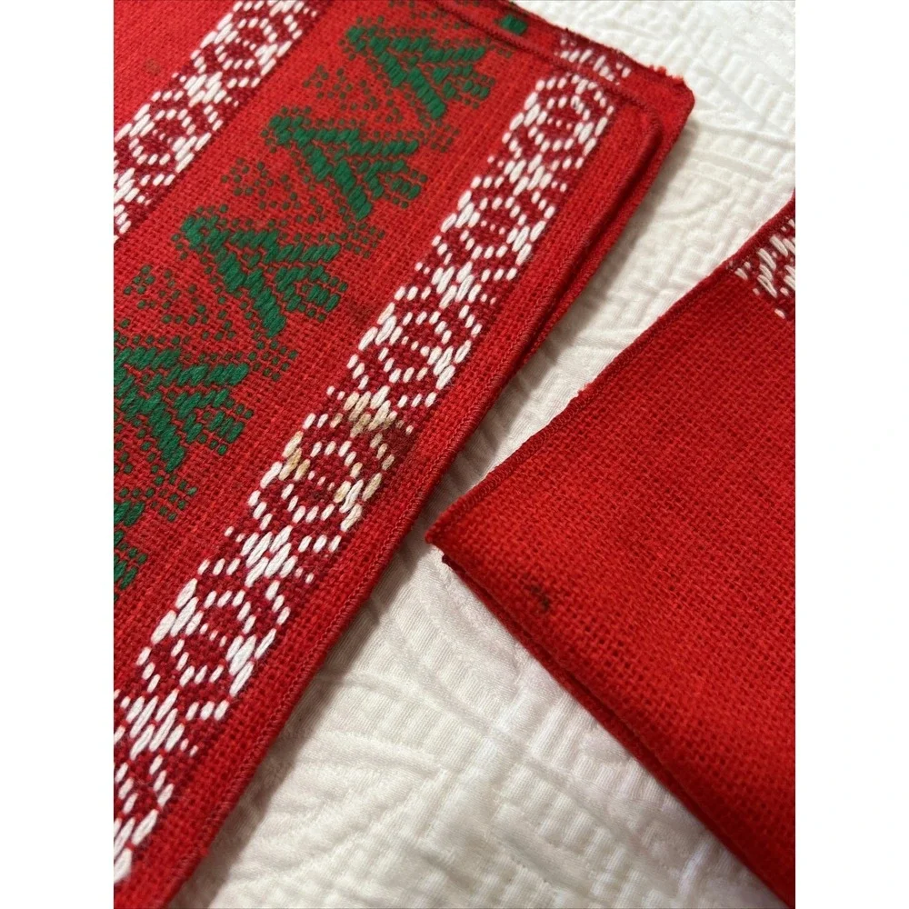 VTG Lot Of 6 Christmas Tree & Snowflake Woven Linen Napkins Holiday Red & Green